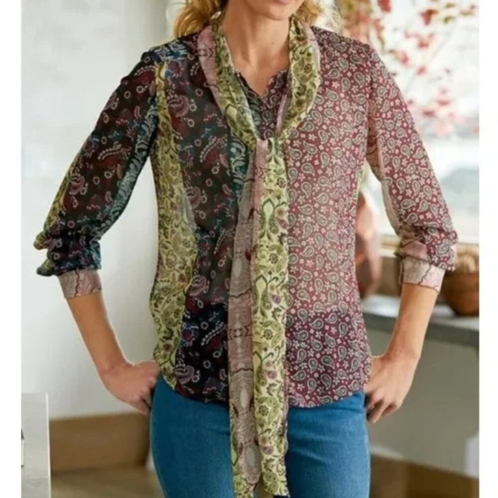 Soft Surroundings Langdon Paisley Tie Front Mixed Print Button Up Blouse